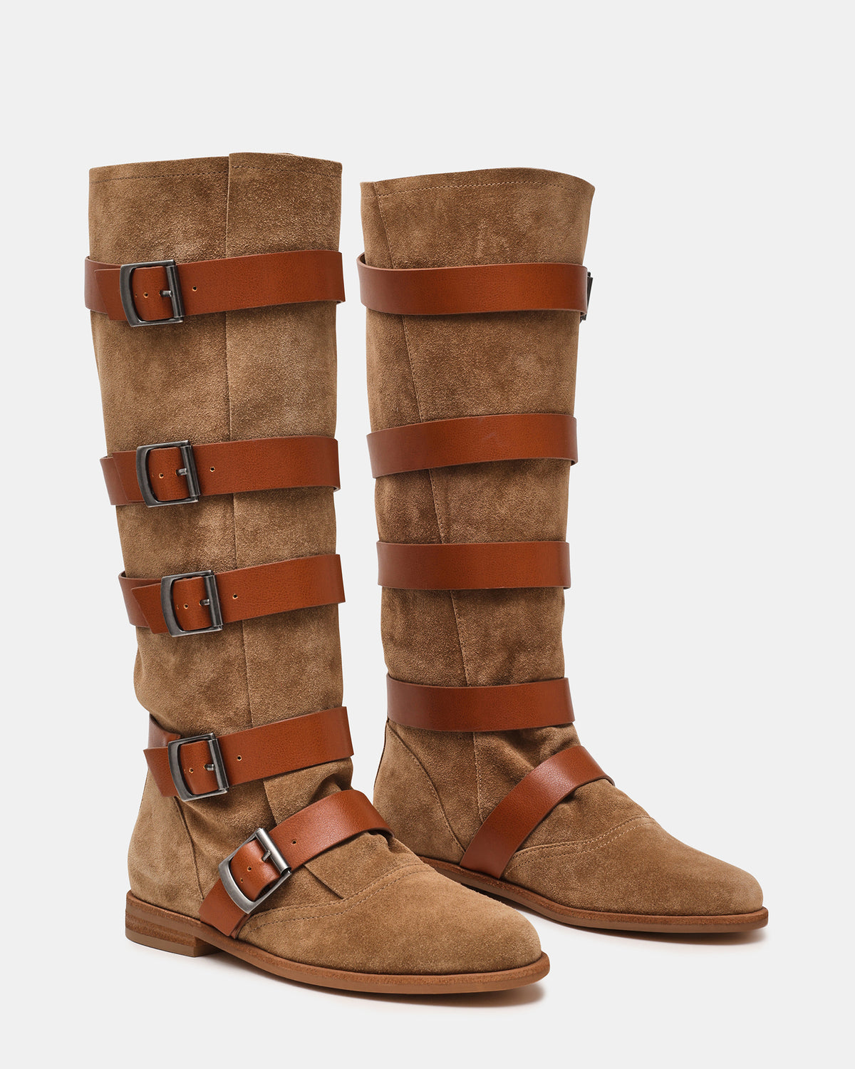 INDIO Tan Suede Buckle Strap Knee-High Round-Toe Women's Boot | Steve Madden Classic