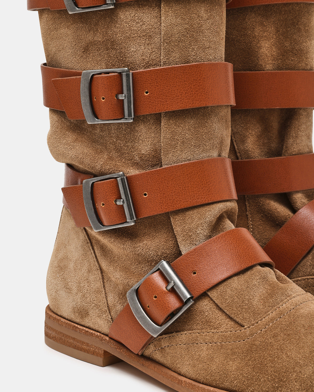 INDIO Tan Suede Buckle Strap Knee-High Round-Toe Women's Boot | Steve Madden Classic