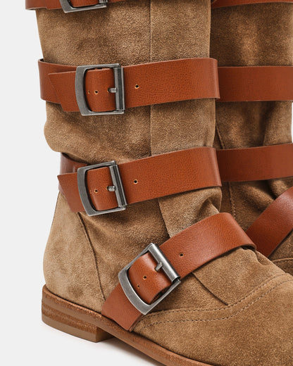 INDIO Tan Suede Buckle Strap Knee-High Round-Toe Women's Boot | Steve Madden Classic