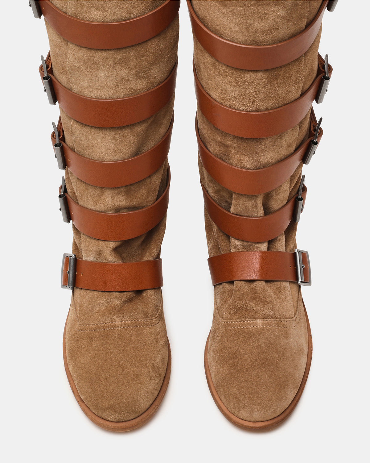INDIO Tan Suede Buckle Strap Knee-High Round-Toe Women's Boot | Steve Madden Classic