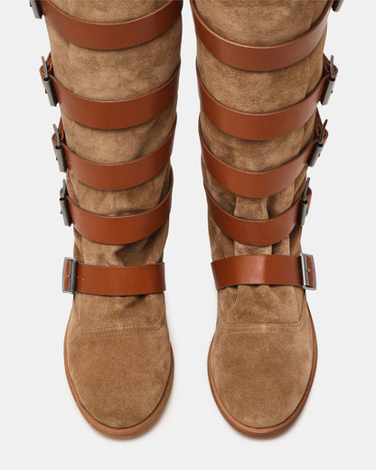 INDIO Tan Suede Buckle Strap Knee-High Round-Toe Women's Boot | Steve Madden Classic
