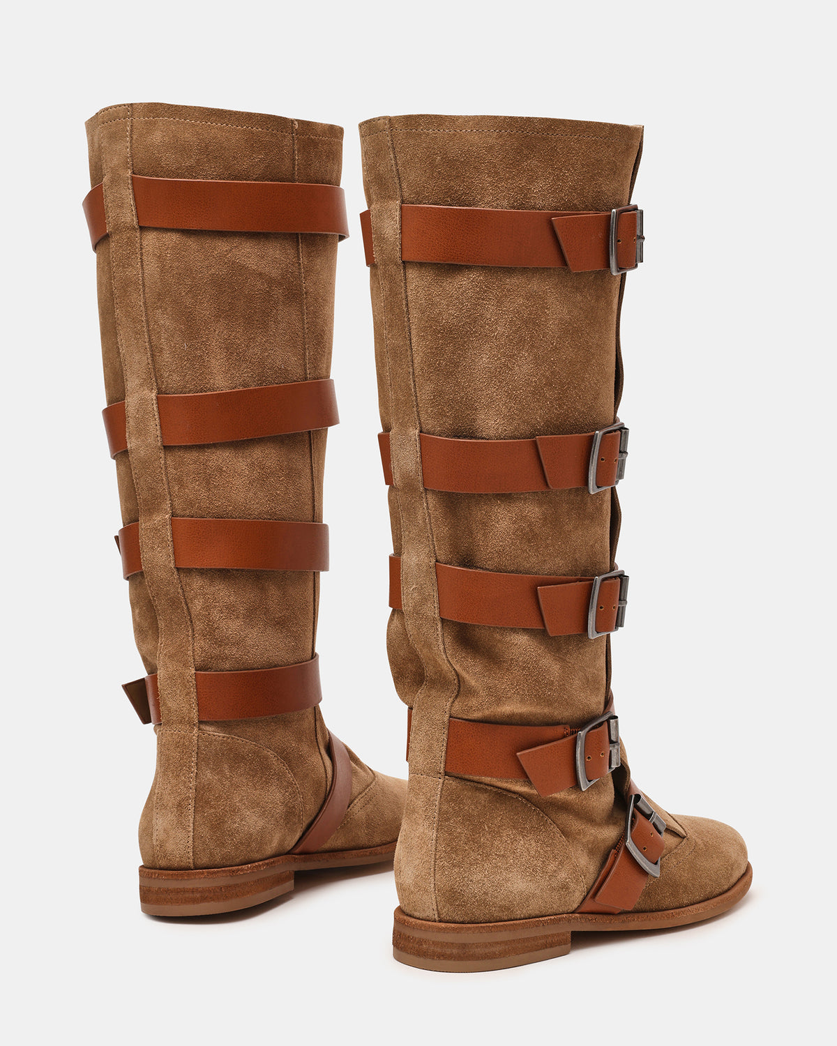 INDIO Tan Suede Buckle Strap Knee-High Round-Toe Women's Boot | Steve Madden Classic