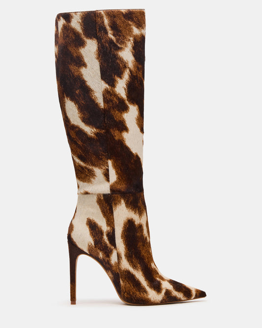 NITRO Brown Cow Print Wide Calf Pointed-Toe Stiletto Heel Knee-High Women's Boots | Steve Madden Value
