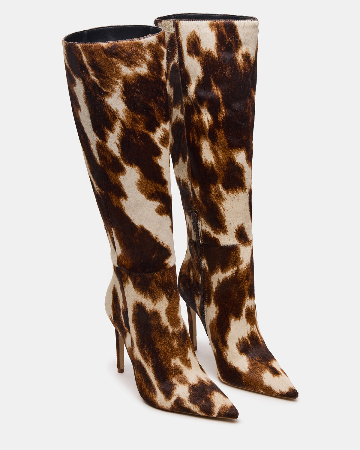 NITRO Brown Cow Print Wide Calf Pointed-Toe Stiletto Heel Knee-High Women's Boots | Steve Madden Value