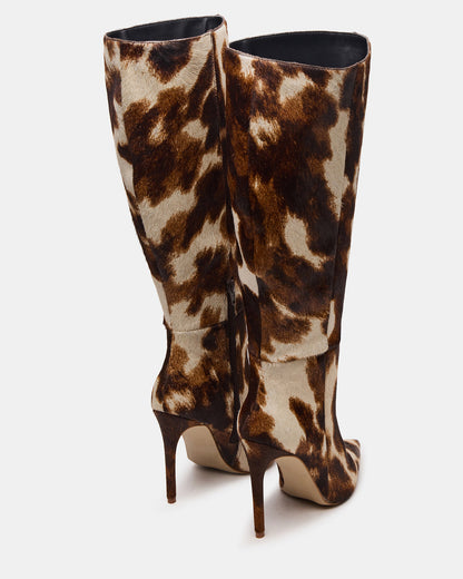 NITRO Brown Cow Print Wide Calf Pointed-Toe Stiletto Heel Knee-High Women's Boots | Steve Madden Value