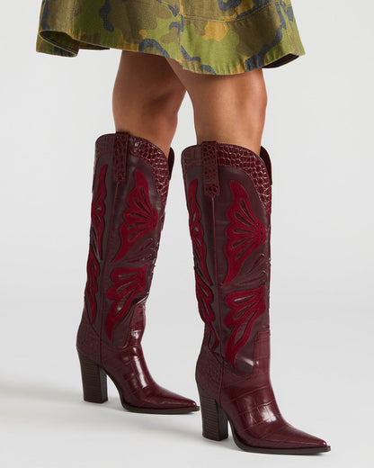 KAZ Burgundy Pointed-Toe Knee-High Block Heel Western Women's Boot | Steve Madden Special Offer