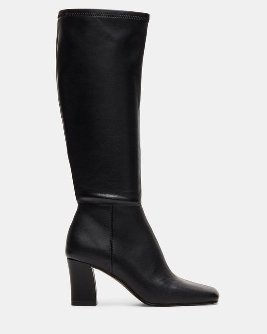 ELLIOT Black Square-Toe Knee-High Block Heel Women's Boot | Steve Madden Trusted