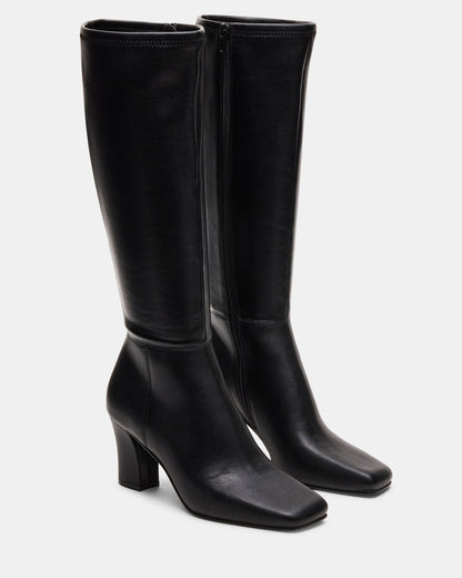 ELLIOT Black Square-Toe Knee-High Block Heel Women's Boot | Steve Madden Trusted
