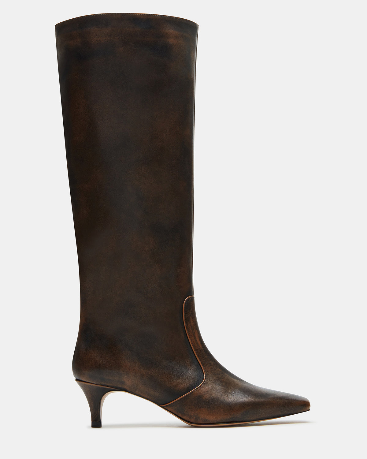 LANDER Brown Distressed Knee-High Kitten Heel Women's Boot | Steve Madden Popular