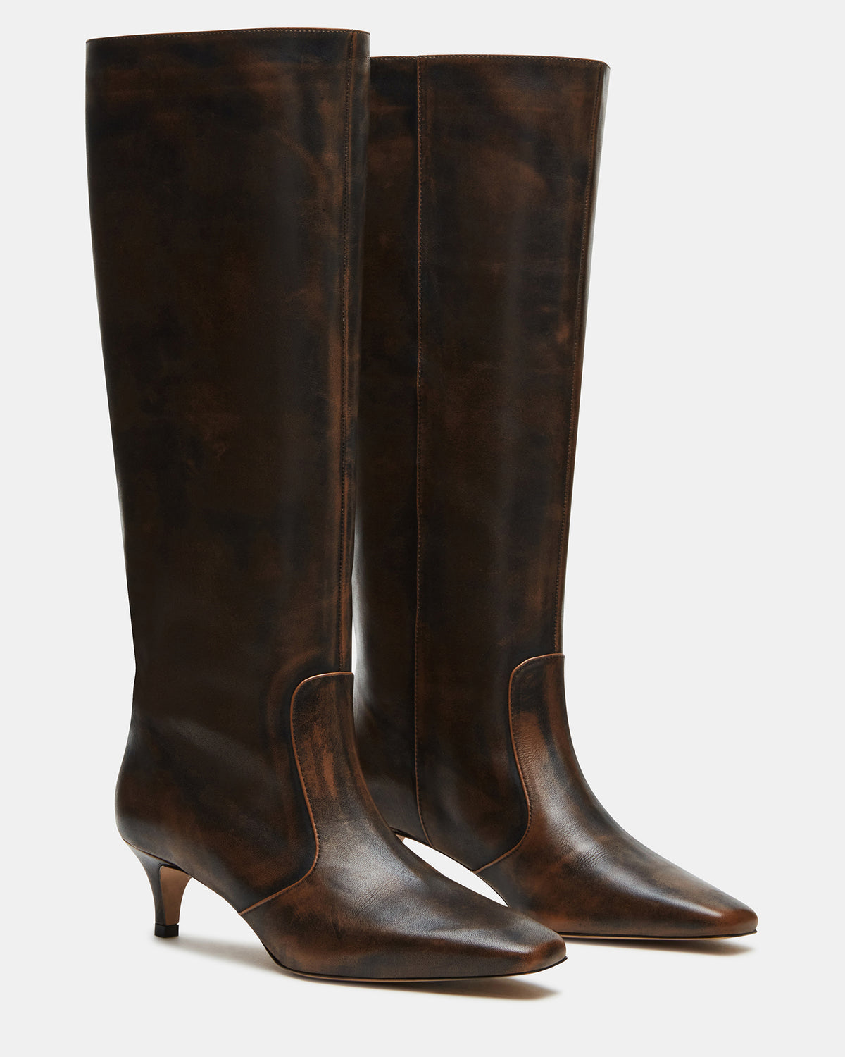 LANDER Brown Distressed Knee-High Kitten Heel Women's Boot | Steve Madden Popular