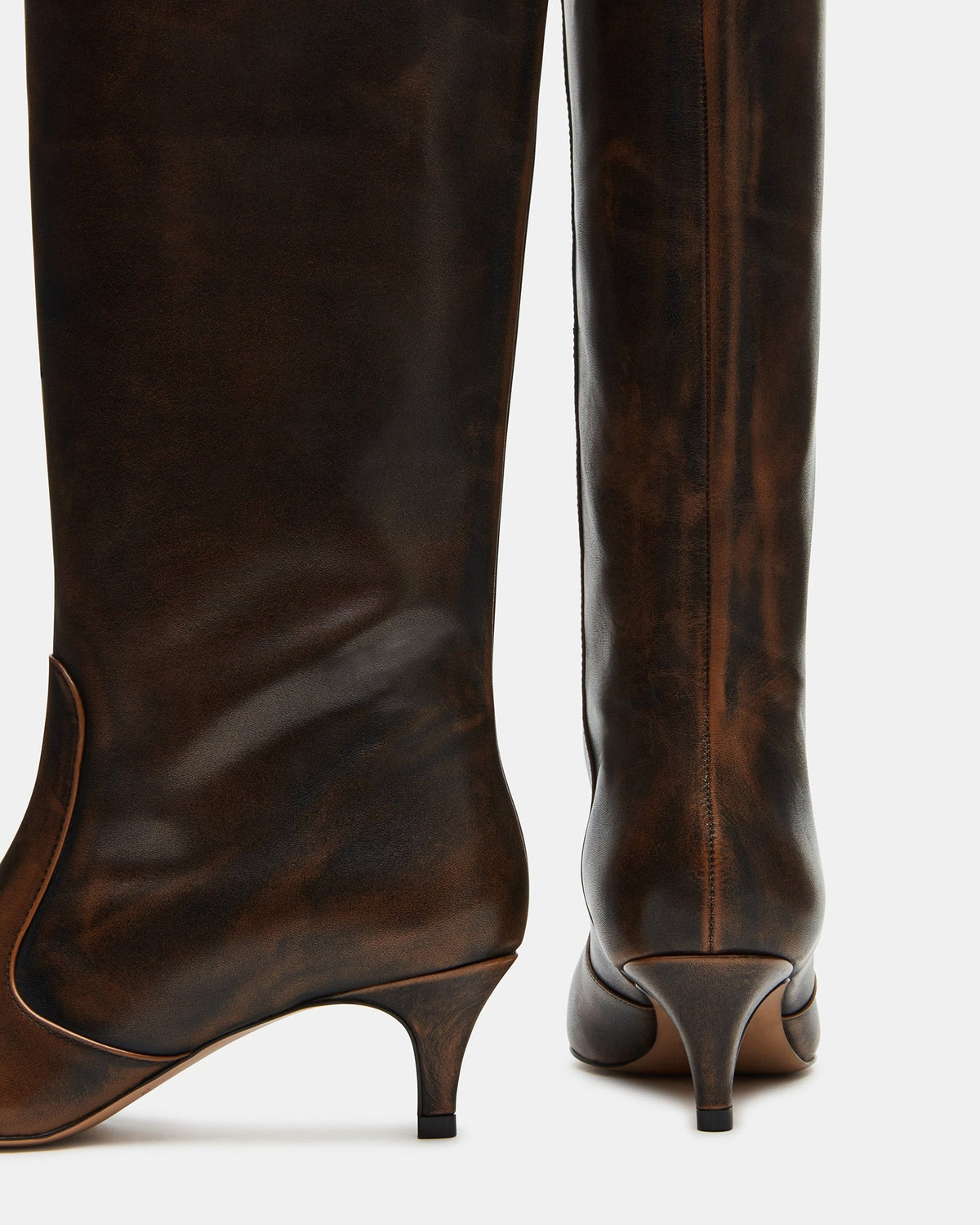 LANDER Brown Distressed Knee-High Kitten Heel Women's Boot | Steve Madden Popular