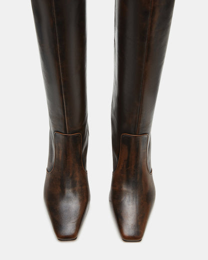 LANDER Brown Distressed Knee-High Kitten Heel Women's Boot | Steve Madden Popular