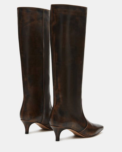 LANDER Brown Distressed Knee-High Kitten Heel Women's Boot | Steve Madden Popular