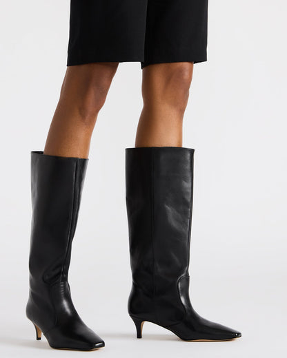 LANDER Black Leather Knee-High Kitten Heel Women's Boot | Steve Madden Deals