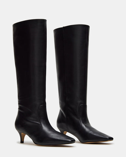 LANDER Black Leather Knee-High Kitten Heel Women's Boot | Steve Madden Deals