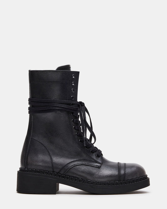 CRIMSON Black Distressed Moto Combat Women's Ankle Booties | Steve Madden Popular