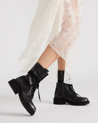 CRIMSON Black Distressed Moto Combat Women's Ankle Booties | Steve Madden Popular