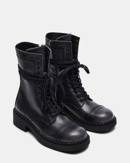 CRIMSON Black Distressed Moto Combat Women's Ankle Booties | Steve Madden Popular