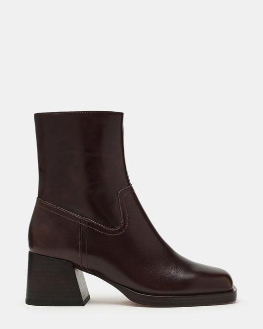 LATCHES Brown Leather Square-Toe Block Heel Women's Ankle Boot | Steve Madden Latest