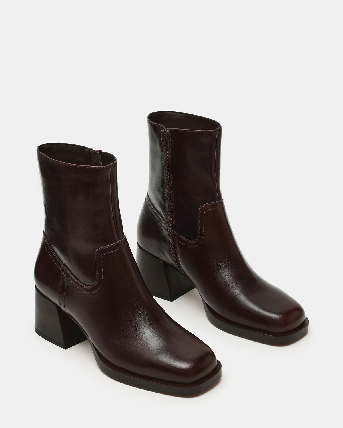 LATCHES Brown Leather Square-Toe Block Heel Women's Ankle Boot | Steve Madden Latest
