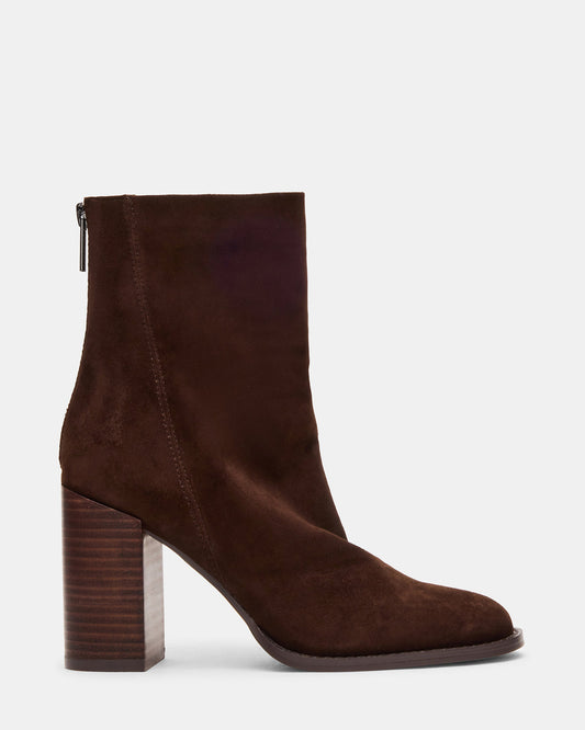 OBSESSION Chocolate Brown Suede Rounded Toe Block Heel Women's Ankle Boot | Steve Madden Deals