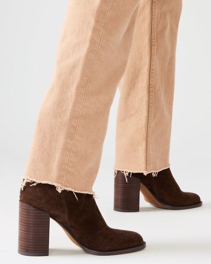 OBSESSION Chocolate Brown Suede Rounded Toe Block Heel Women's Ankle Boot | Steve Madden Deals