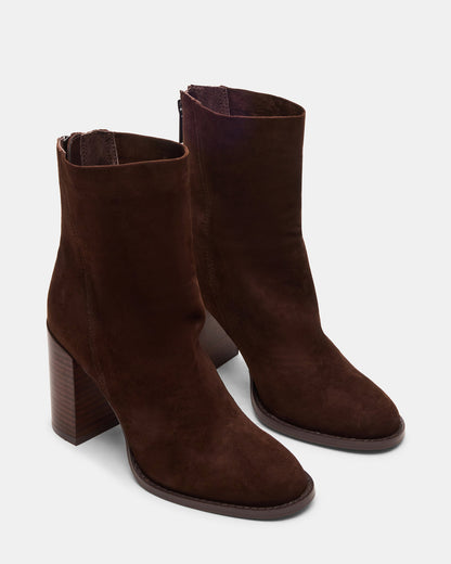 OBSESSION Chocolate Brown Suede Rounded Toe Block Heel Women's Ankle Boot | Steve Madden Deals