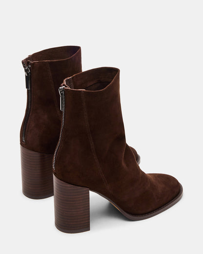 OBSESSION Chocolate Brown Suede Rounded Toe Block Heel Women's Ankle Boot | Steve Madden Deals