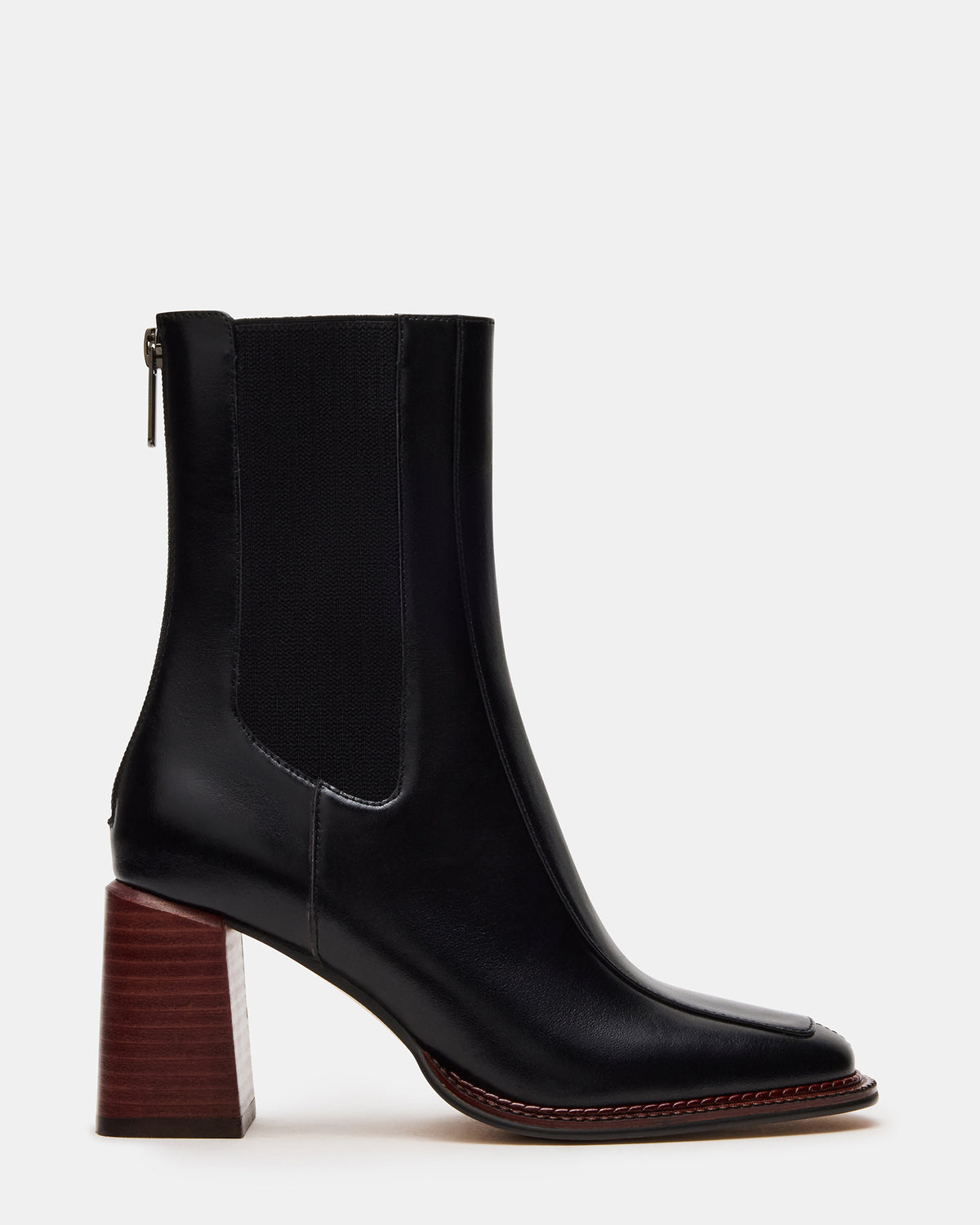 DOWNTOWN Black Leather Chelsea Block Heel Ankle Boot | Women's Booties | Steve Madden Recommended