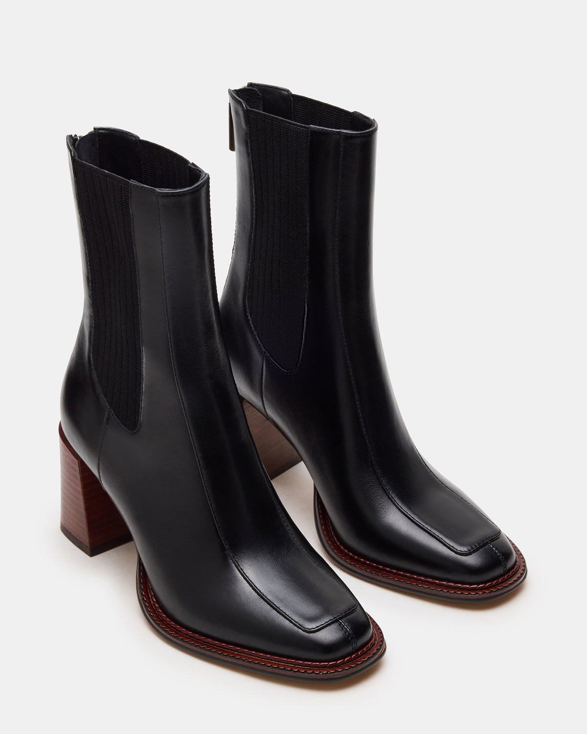 DOWNTOWN Black Leather Chelsea Block Heel Ankle Boot | Women's Booties | Steve Madden Recommended