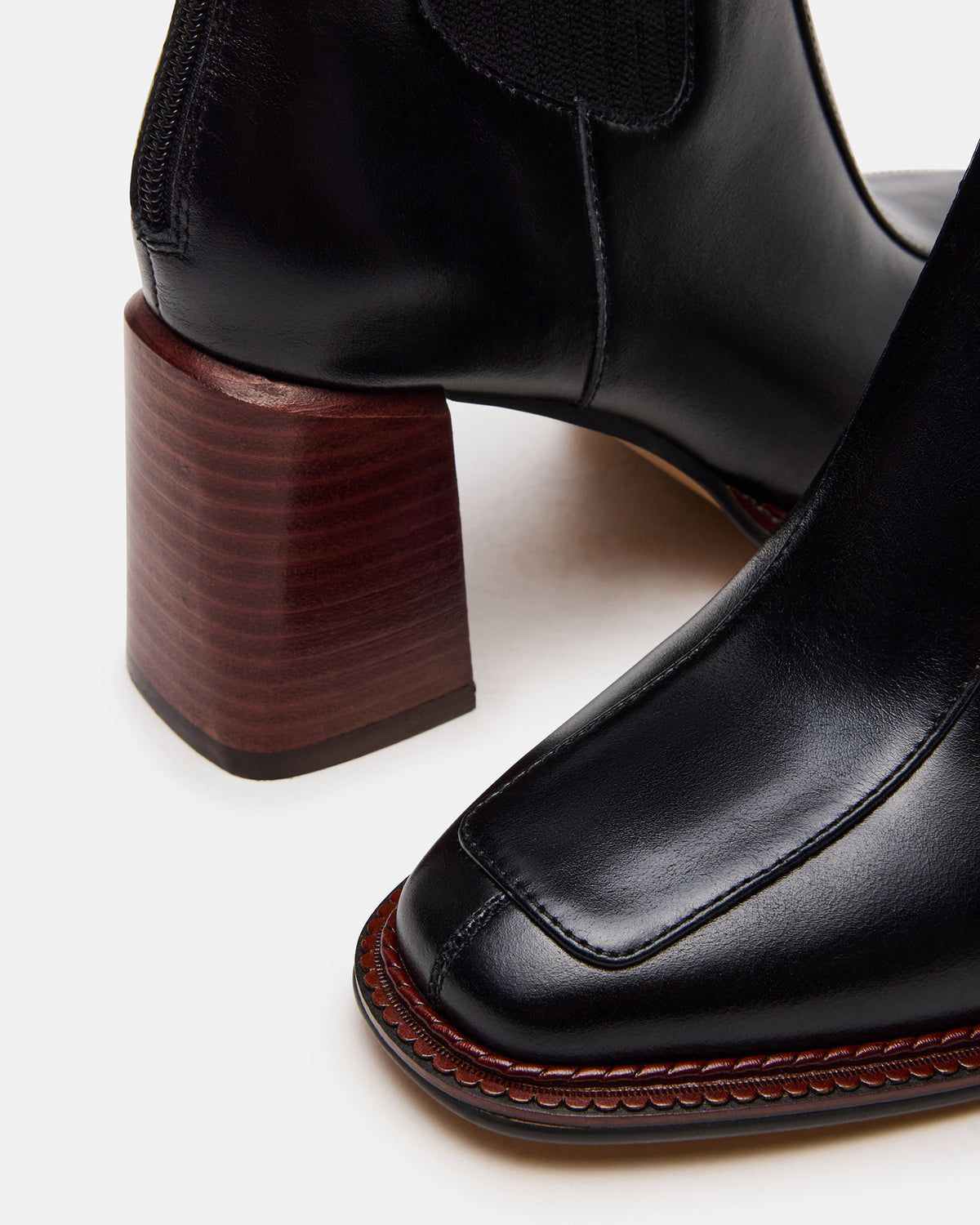 DOWNTOWN Black Leather Chelsea Block Heel Ankle Boot | Women's Booties | Steve Madden Recommended