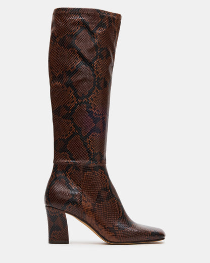 ELLIOT Brown Snake Square-Toe Knee-High Block Heel Women's Boot | Steve Madden Featured