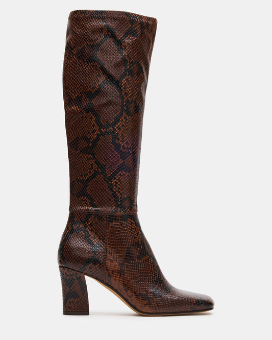 ELLIOT Brown Snake Square-Toe Knee-High Block Heel Women's Boot | Steve Madden Featured