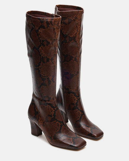 ELLIOT Brown Snake Square-Toe Knee-High Block Heel Women's Boot | Steve Madden Featured