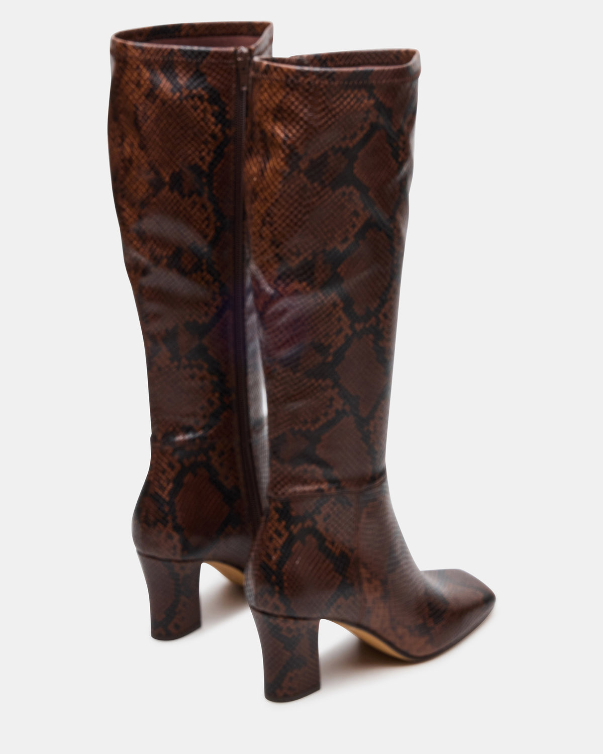 ELLIOT Brown Snake Square-Toe Knee-High Block Heel Women's Boot | Steve Madden Featured