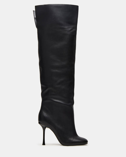 ALLURING Black Leather Over-The-Knee Square-Toe Heeled Women's Boot | Steve Madden Top Pick