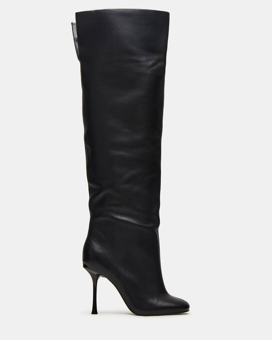 ALLURING Black Leather Over-The-Knee Square-Toe Heeled Women's Boot | Steve Madden Top Pick