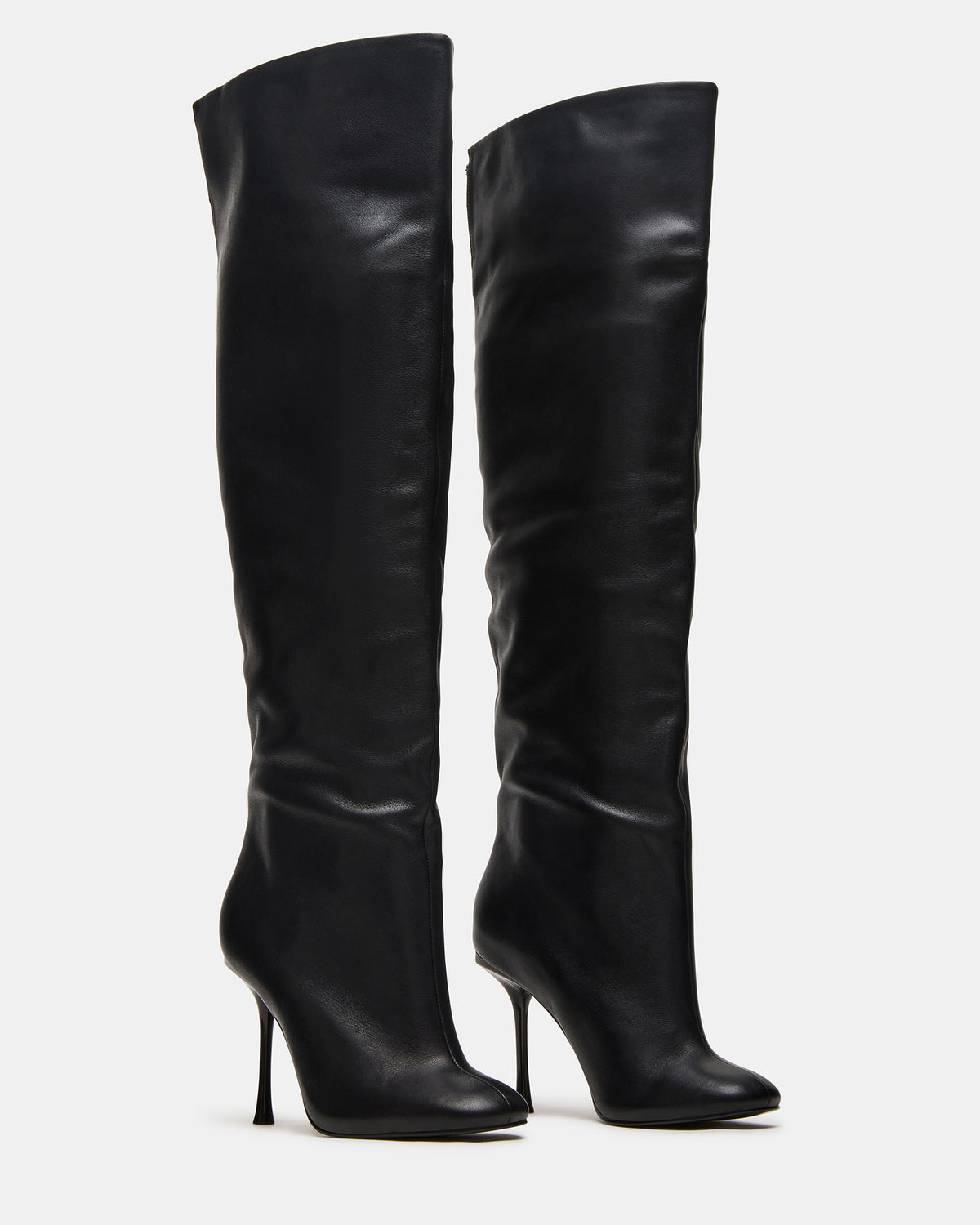 ALLURING Black Leather Over-The-Knee Square-Toe Heeled Women's Boot | Steve Madden Top Pick