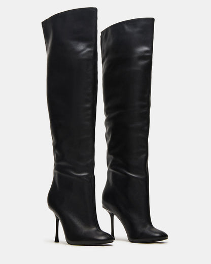 ALLURING Black Leather Over-The-Knee Square-Toe Heeled Women's Boot | Steve Madden Top Pick