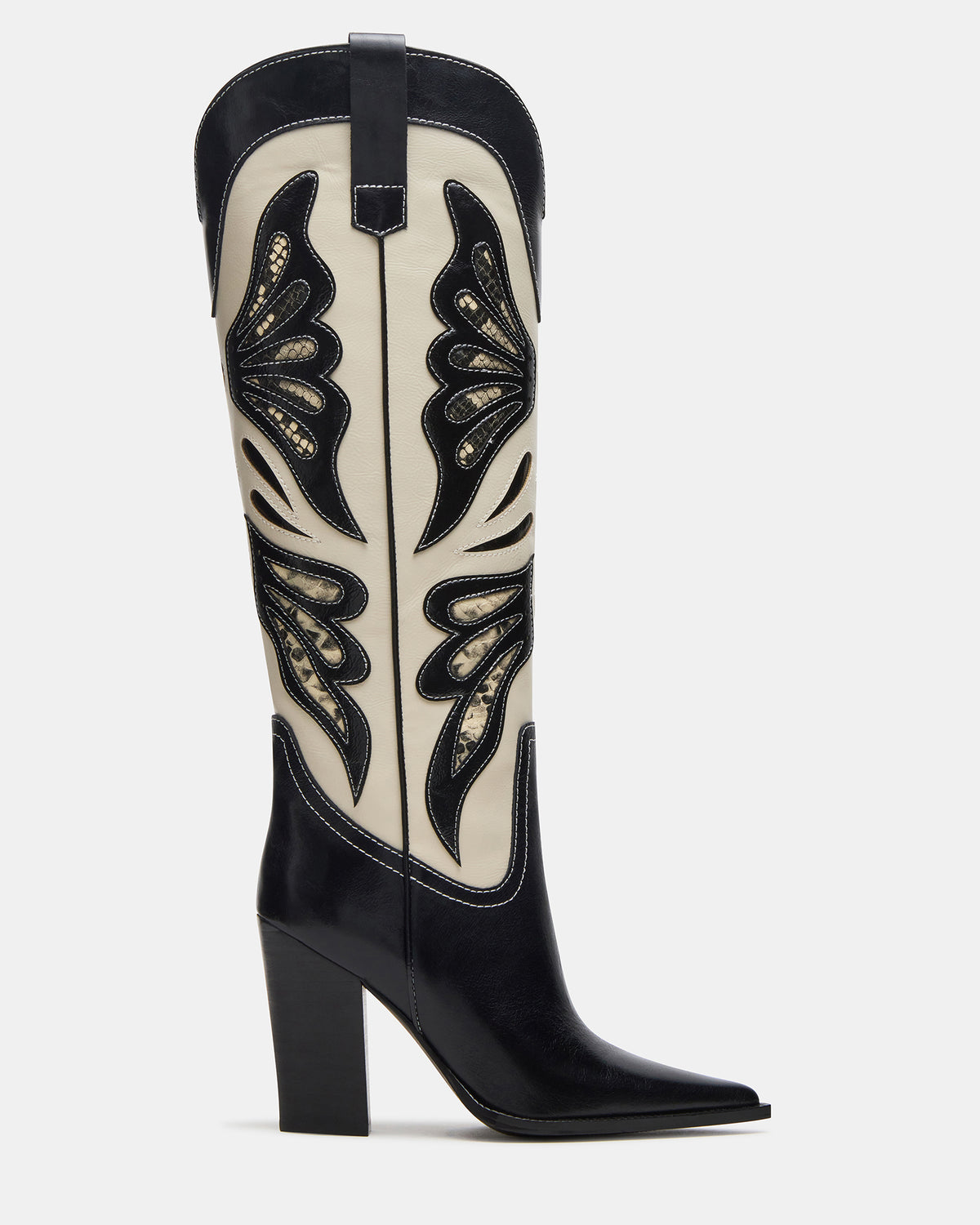 KAZ Black/White Pointed-Toe Knee-High Block Heel Western Women's Boot | Steve Madden Great Value