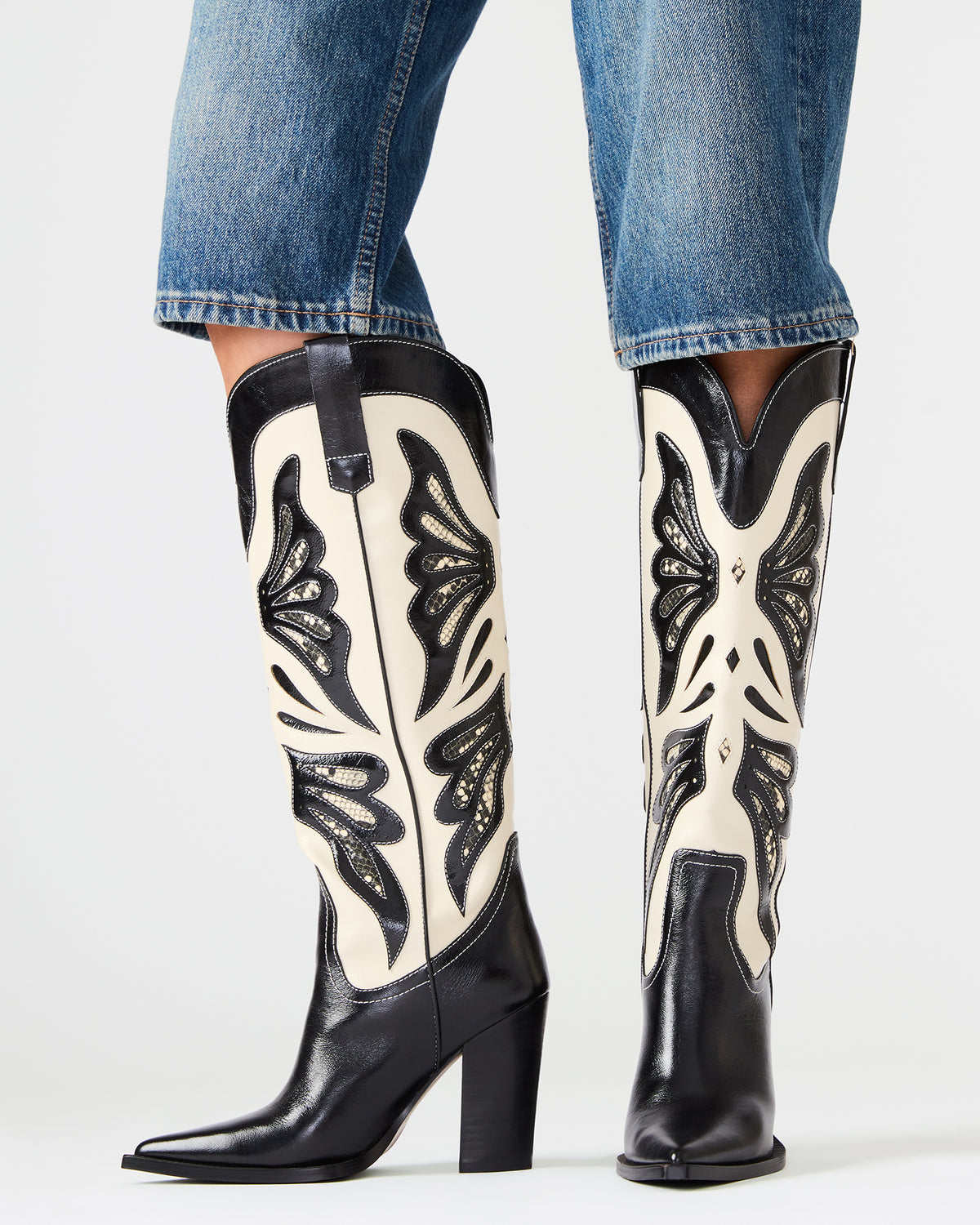 KAZ Black/White Pointed-Toe Knee-High Block Heel Western Women's Boot | Steve Madden Great Value