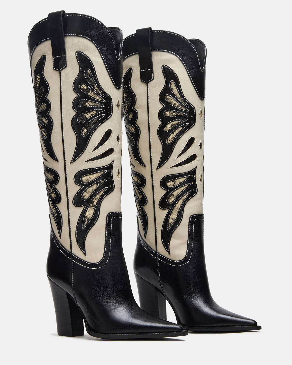 KAZ Black/White Pointed-Toe Knee-High Block Heel Western Women's Boot | Steve Madden Great Value