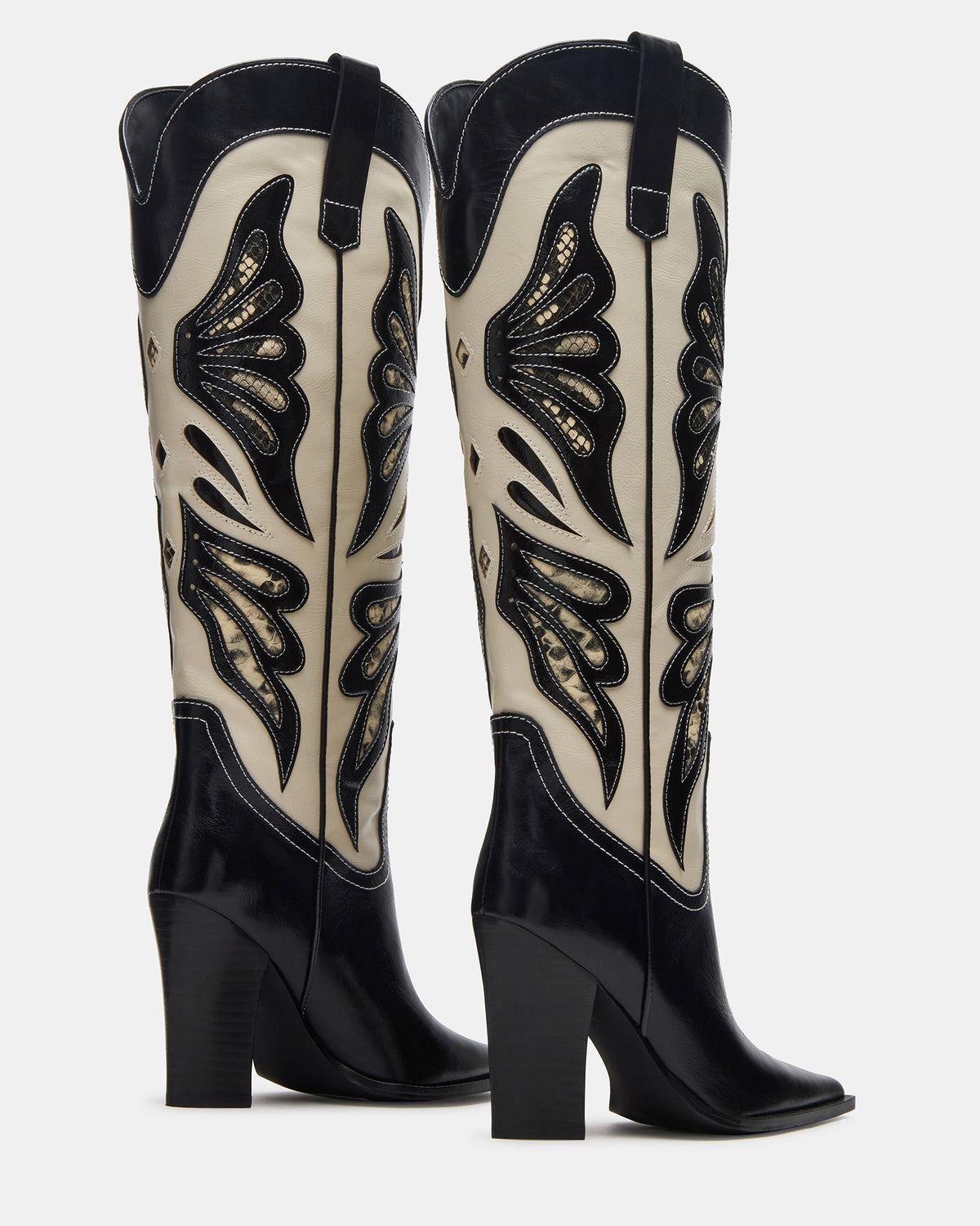 KAZ Black/White Pointed-Toe Knee-High Block Heel Western Women's Boot | Steve Madden Great Value