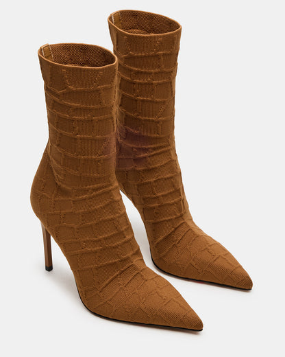 MIDNITE Tan Crocodile Pointed-Toe Stiletto Heel Sock Women's Ankle Boot | Steve Madden Best Seller