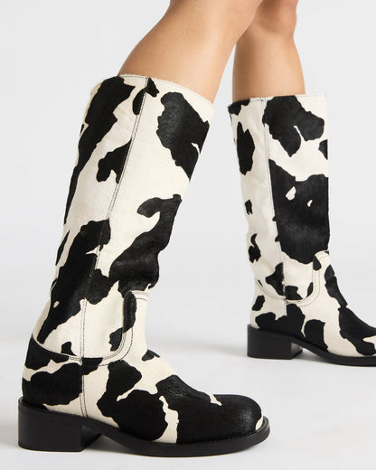 RIGGS Black Cow Print Square-Toe Women's Boot | Steve Madden Great Value