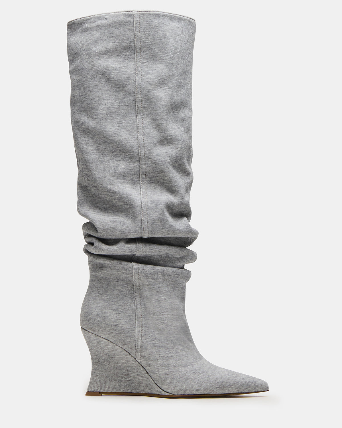 DISTORTION Grey Fabric Pointed-Toe Scrunched Knee-High Wedge Women's Boot | Steve Madden Everyday
