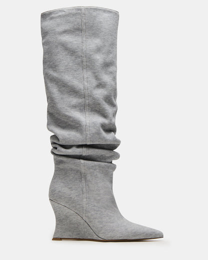 DISTORTION Grey Fabric Pointed-Toe Scrunched Knee-High Wedge Women's Boot | Steve Madden Everyday
