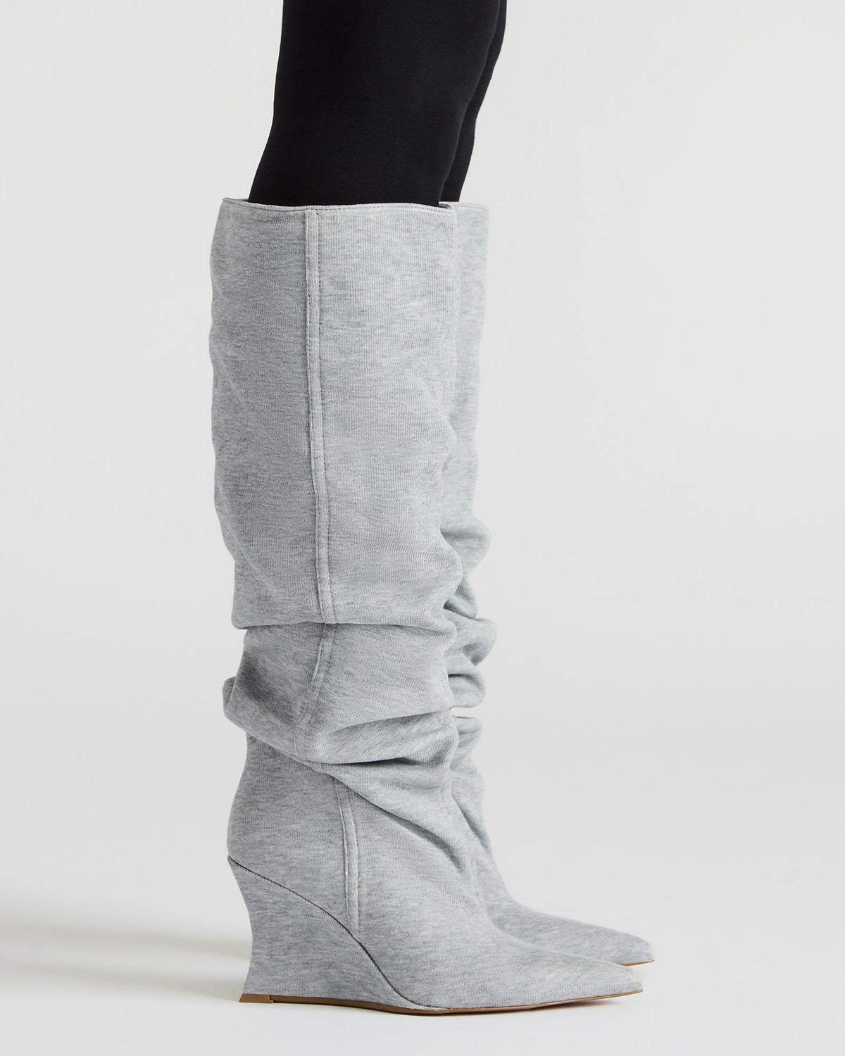 DISTORTION Grey Fabric Pointed-Toe Scrunched Knee-High Wedge Women's Boot | Steve Madden Everyday