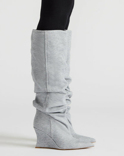 DISTORTION Grey Fabric Pointed-Toe Scrunched Knee-High Wedge Women's Boot | Steve Madden Everyday