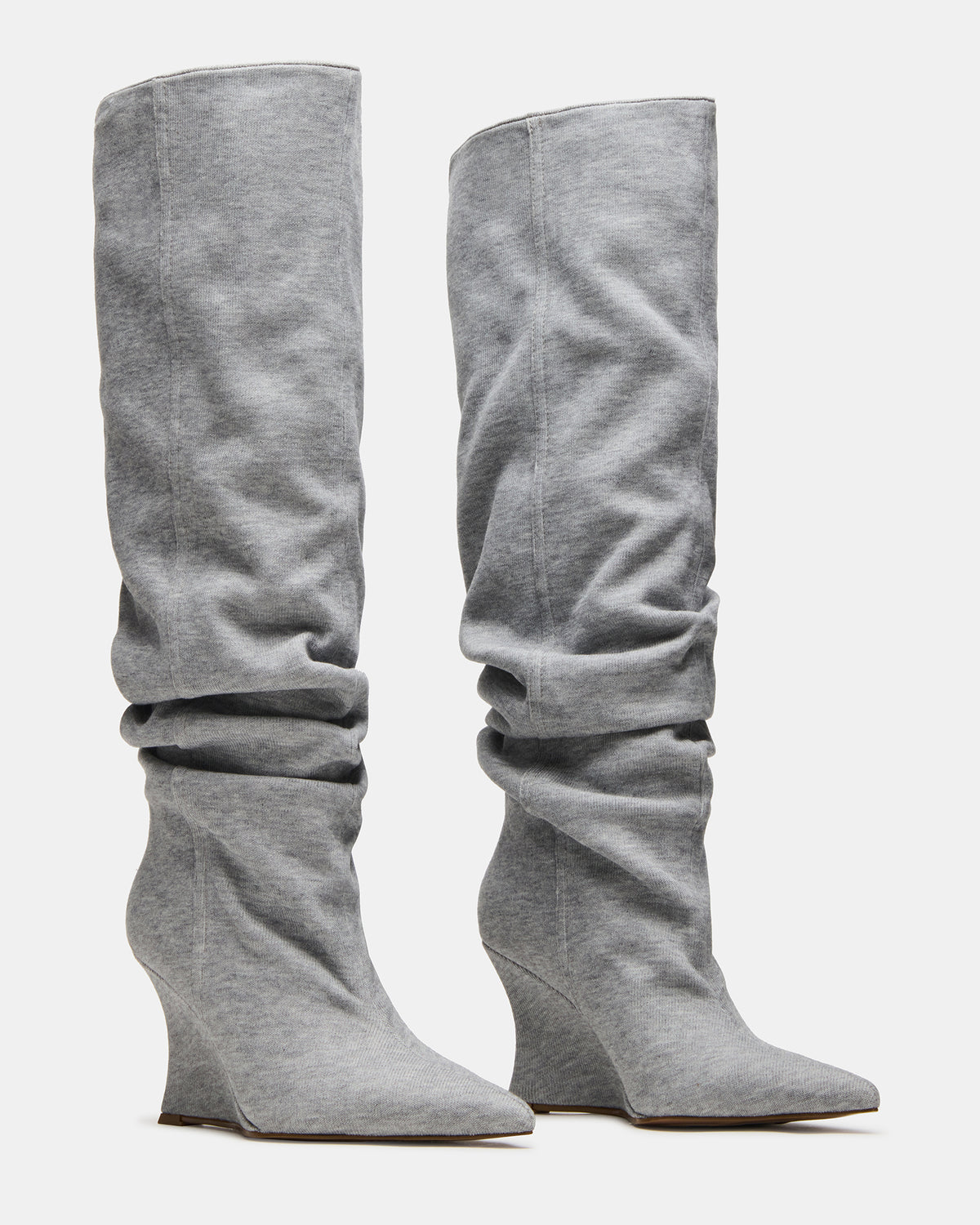 DISTORTION Grey Fabric Pointed-Toe Scrunched Knee-High Wedge Women's Boot | Steve Madden Everyday